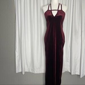 Fashion Nova Dark Burgundy Red Velvet Maxi Dress with High Slit